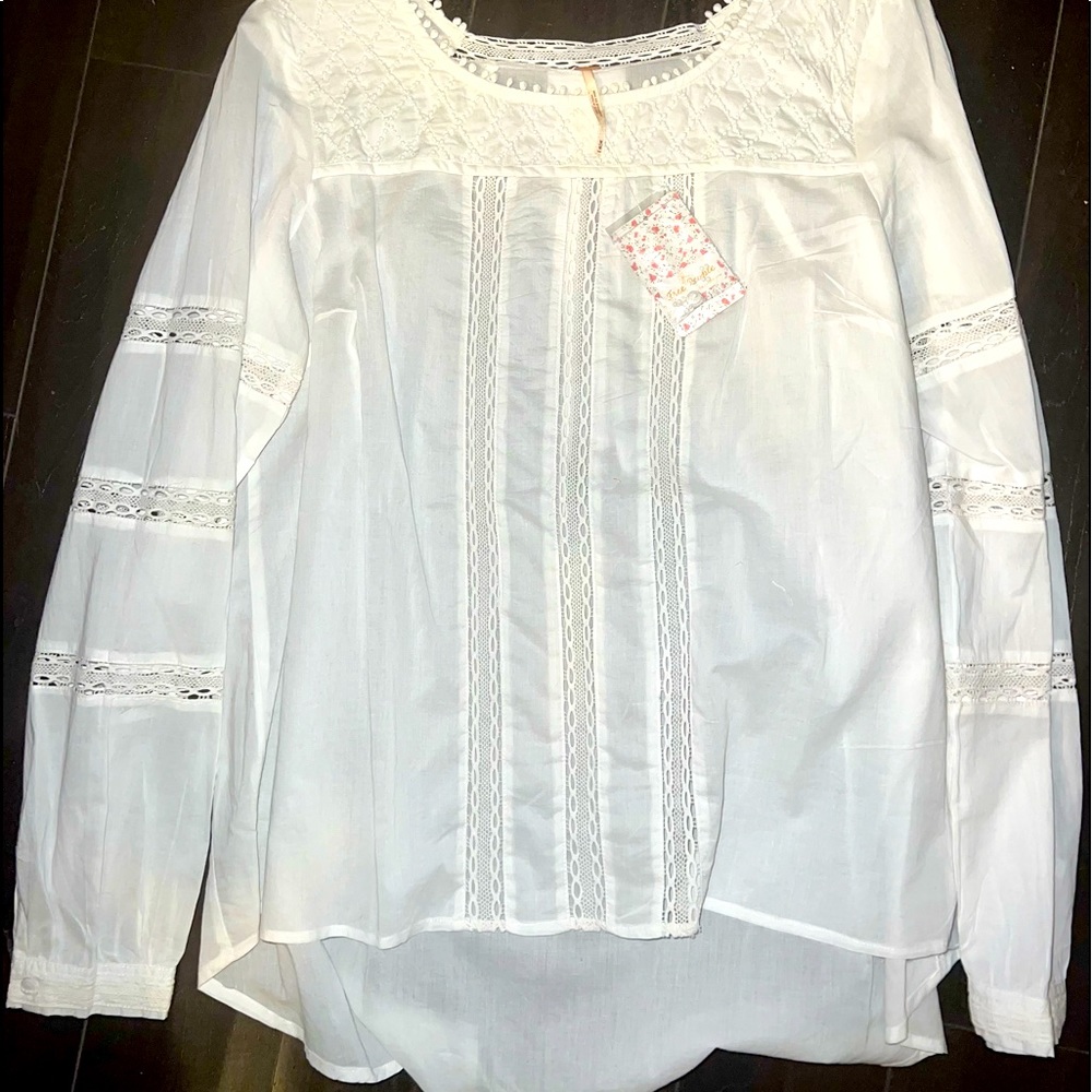 FREE PEOPLE lace insert beaded tunic long sleeve top